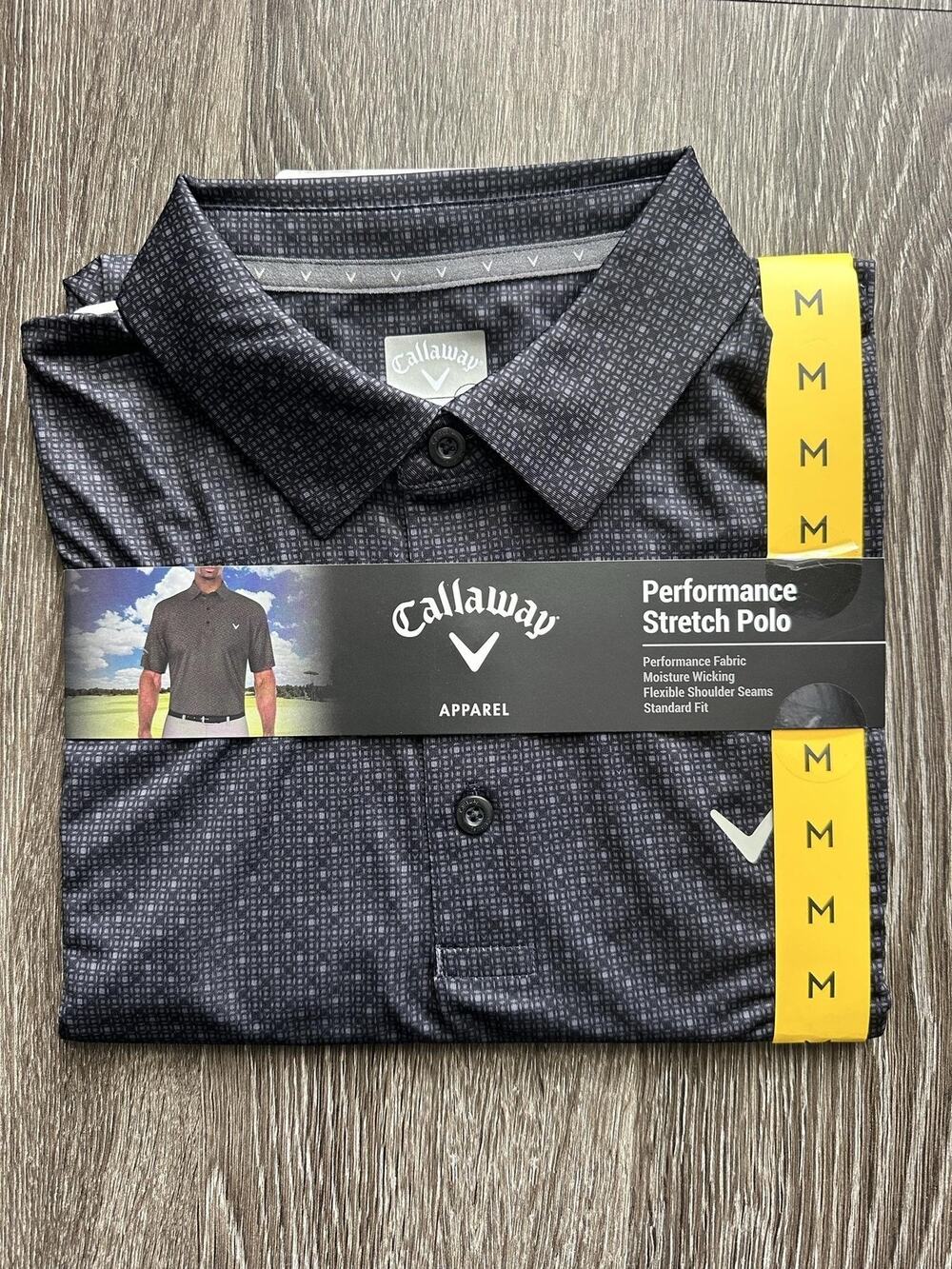 Callaway Polo Shirt Mens Medium Black Performance Stretch Geometric Golf New